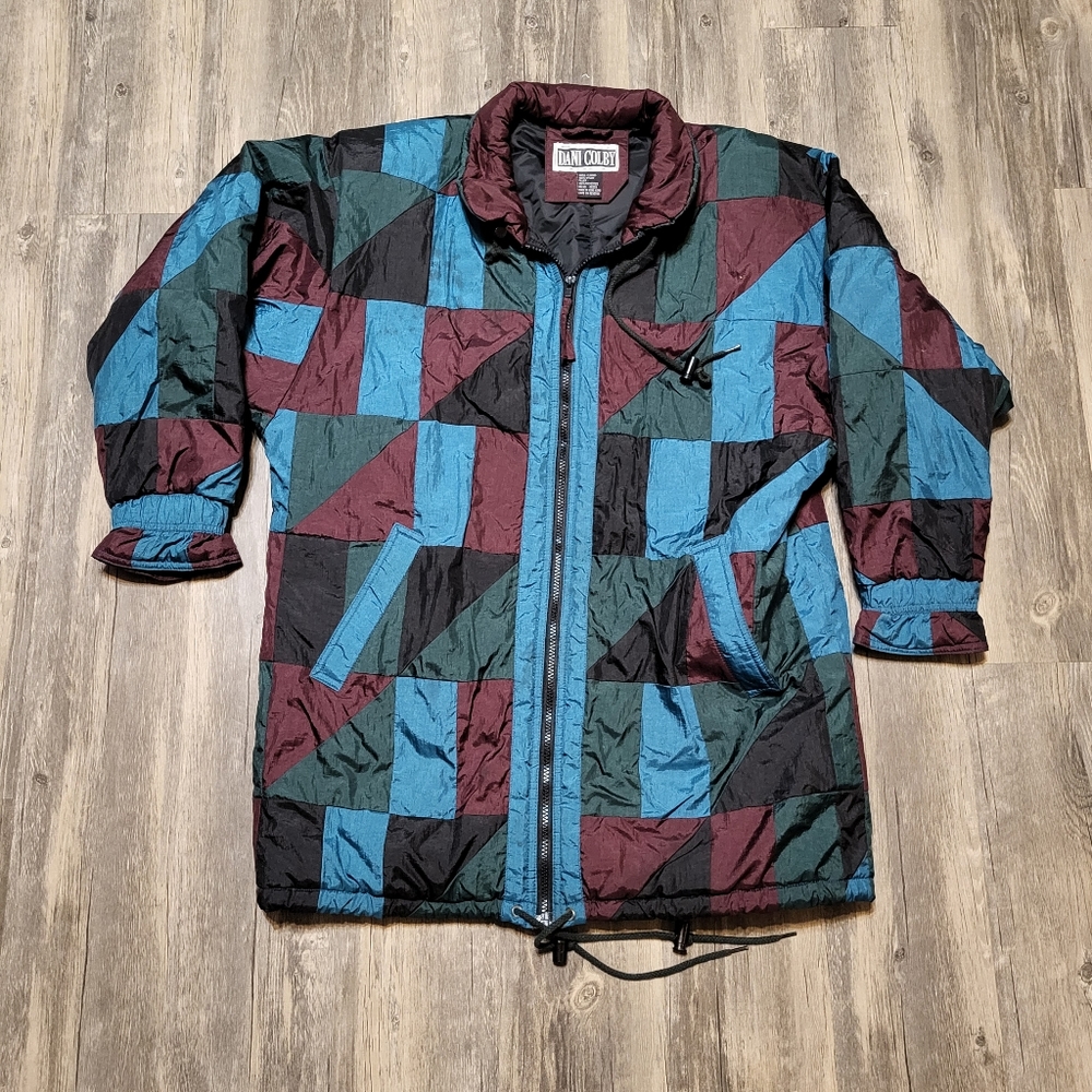 Vintage 80s Dani Colby Quilt Color Block Nylon Jacket Ski Pea Coat Size Small